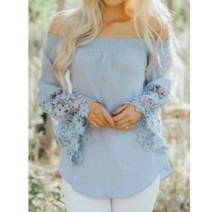 New Light Blue Off the Shoulder Crochet Top